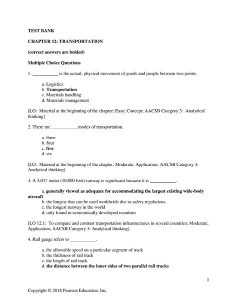 Chapter 12 Transportation 1 Test Bank Chapter 12 Transportation Correct Answers Are Bolded