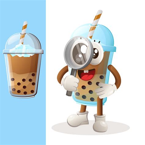 Cute Bubble Tea Mascot Conducting Research Holding A Magnifying Glass