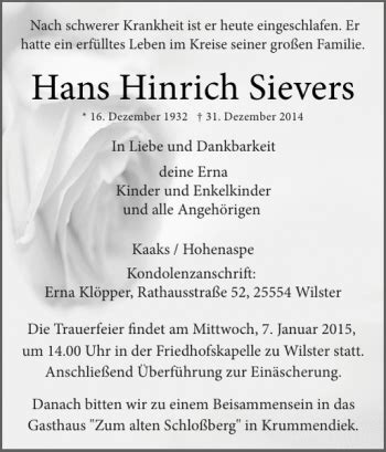 Traueranzeigen Von Hans Hinrich Sievers Sh Z Trauer