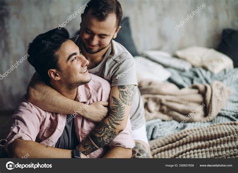 Two Sexy Caucasian Gay Guys Hugging And Having Fun In Bed Indoors Stock Photo Ufabizphoto