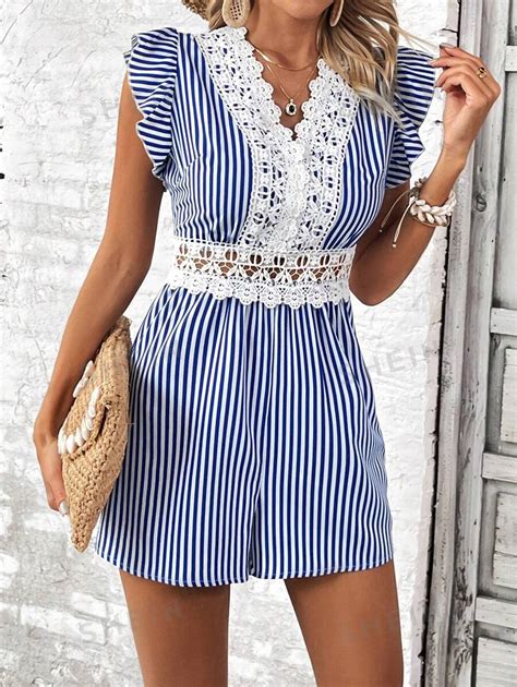 Shein Clasi Striped And Printed Contrast Lace Ruffle Armhole Romper