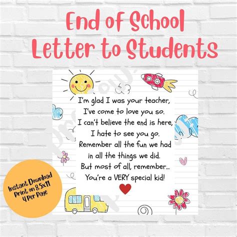 Teacher Goodbye Letter To Kids Teacher End Of School Letter Printable