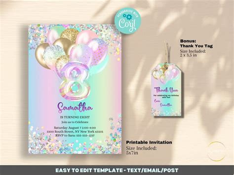 Editable 8th Birthday Invitation Template Printable Glitter Iridescent