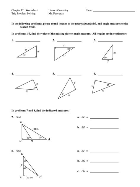 Chapter 12 Worksheet Honors Geometry Name Trig Problem Solving