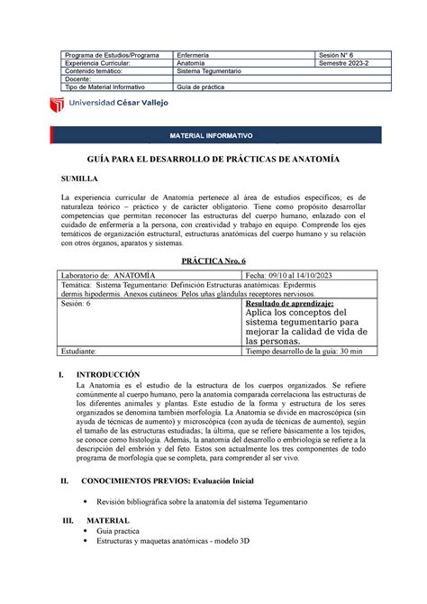 Guía de práctica 06 sistema tegumentario Programa de Estudios