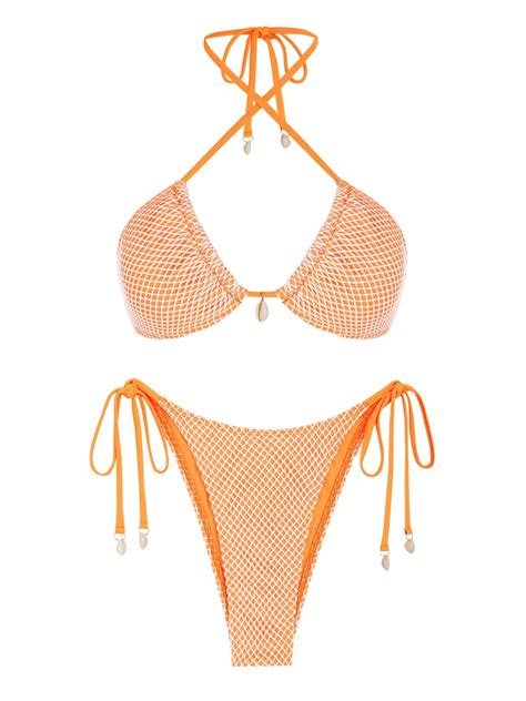 ZAFUL Women S Triangle Bikini Multiway Fishnet Tie Side Bandeau Halter String Bikini Set Two