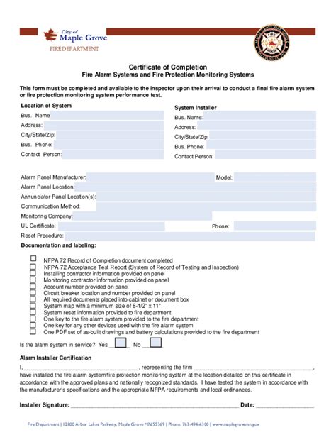 Fillable Online Fire Alarm Certificate Of Completion Maple Grove Mn Fax Email Print Pdffiller