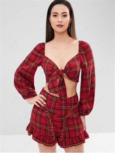 [35 Off] 2021 Zaful Knotted Plaid Top And Shorts Set In Fire Engine