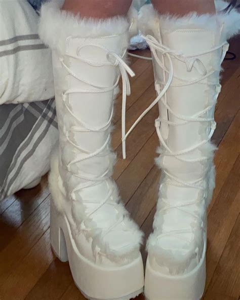 Demonia Camel Knee High Boots White Vegan Leather Demonia Cult