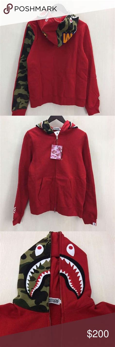 Authentic Red Bape Hoodie Red And Cargo Colors Cotton Authentic Bape Jackets And Coats Lightweight