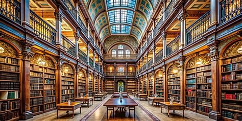 Grand Library Interior With Bookshelves And Skylight Background