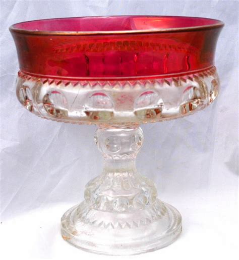 Collectible Glass Vintage Tiffin Ruby Kings Crown Thumbprint Clear Compote Candy Dish Scallop