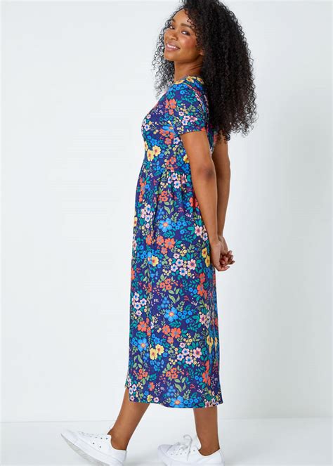 Roman Navy Petite Floral Print Midi Stretch Dress Matalan