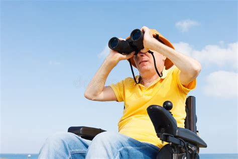 Disabled Man With Binocular Stock Photo Image Of Exploration