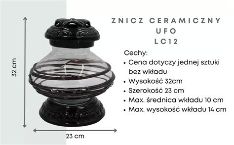 Znicz Ceramiczny UFO Czarny Połysk Ozdobne Pasy Okrągły Solidny LC12