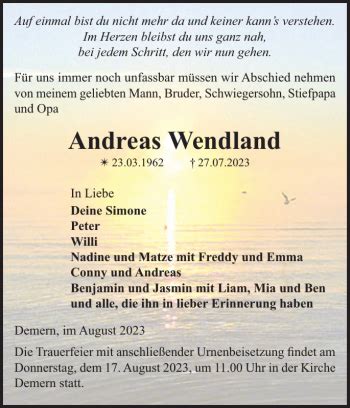 Traueranzeigen Von Andreas Wendland Trauer Nordkurier