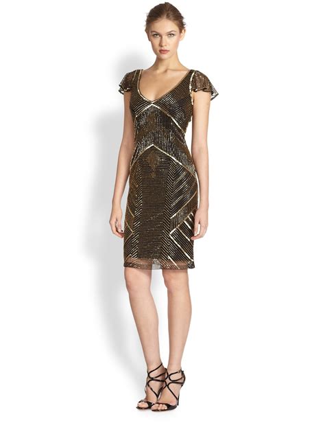 Lyst Theia Metallic Beaded Cocktail Dress In Metallic