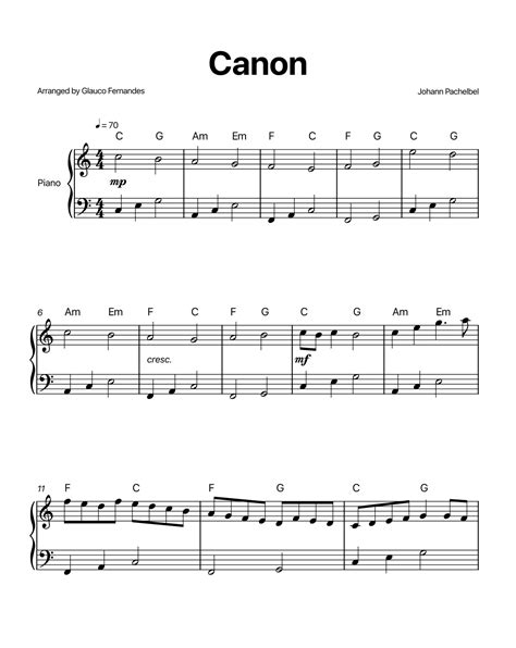 Canon By Pachelbel Easyintermediate Piano Solo In C With Chord Notation Arr Glauco