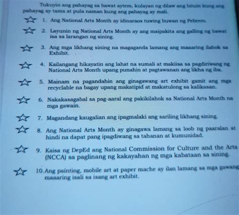 Tukuyin Ang Pahayag Sa Bawat Aytem Kulayan Ng Dilaw Ang Bituin Kung