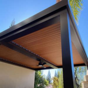 Woodgrain Louvered Patio Cover Integrated Fan Apollo Opening Roof