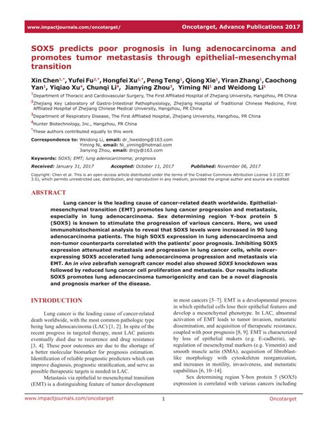 Pdf Sox Predicts Poor Prognosis In Lung Adenocarcinoma And Promotes