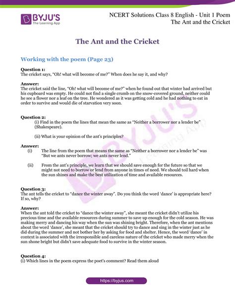 NCERT Solutions For Class 8 English Unit 1 Poem The Ant And The