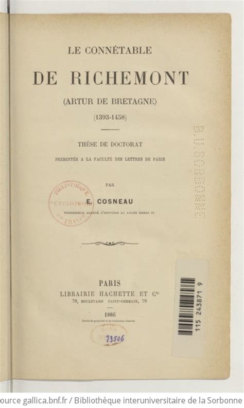 Le connétable de Richemont Arthur de Bretagne 1393 1458 par E