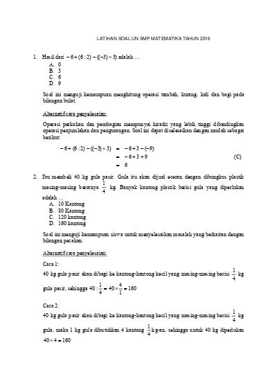 Soal Latihan Un Matematika Smp Tahun 2016 Tahun Pelajaran 2016 2017