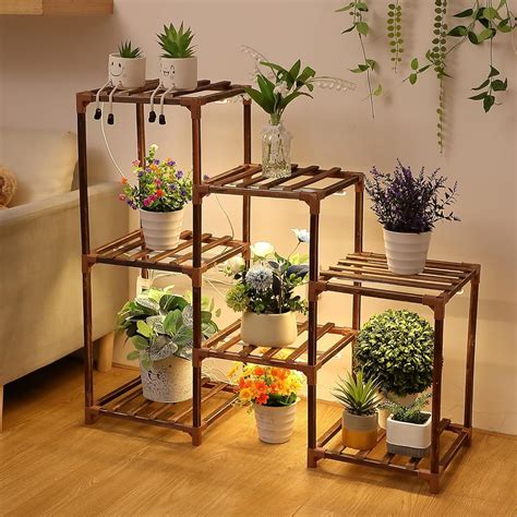 Dreyoo Plant Stand With Grow Lights Wood Plant Shelf With