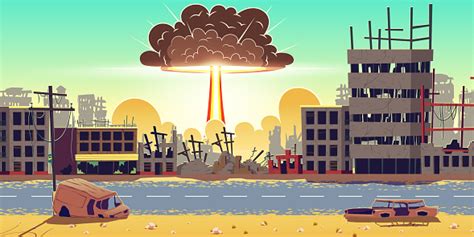 Nuclear Bomb Explosion In Ruined City Vector Stock Illustration