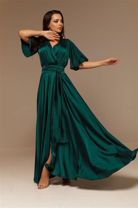 Emerald Green Silk Full Wrap Maxi Dress Summer Bridesmaid Green Silk