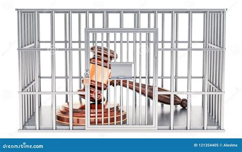 Cage, Prison Cell with Wooden Gavel, 3D Rendering Stock Illustration - Illustration of lock ...