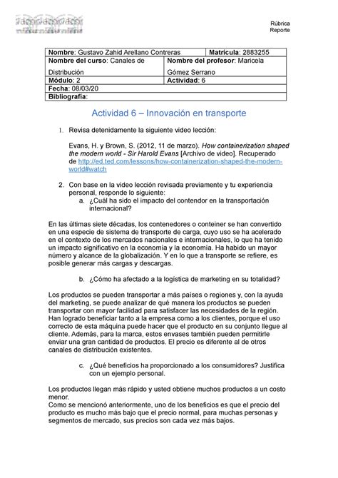 Act Actividad Canales De Distribuci N Reporte Nombre Gustavo