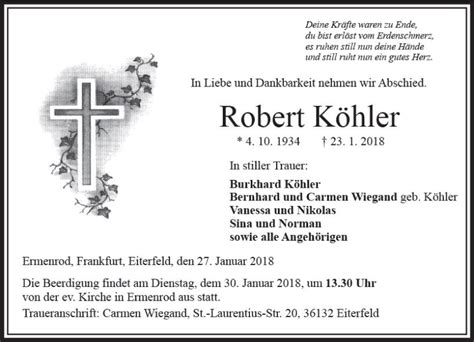 Traueranzeigen von Robert Köhler vrm trauer de