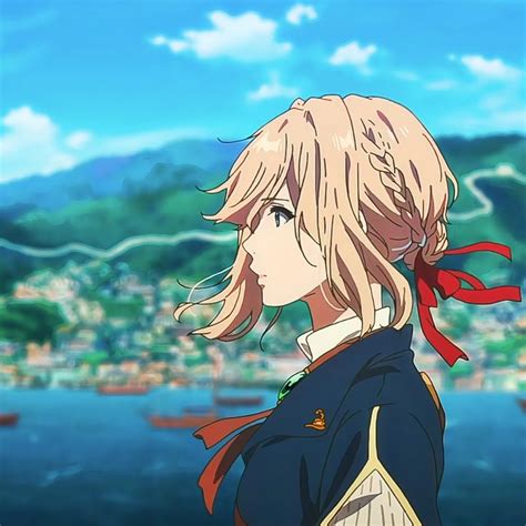 An Anime Girl With Blonde Hair Looking Out Over The Water