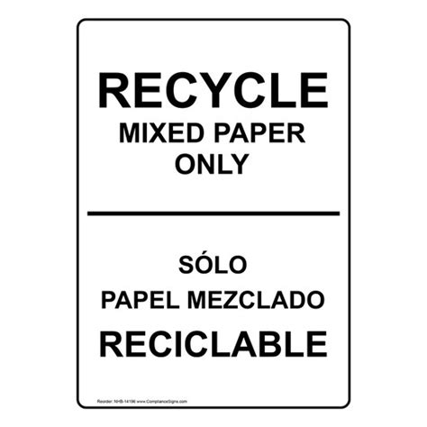 English Spanish Vertical Sign Recycle Mixed Paper Only Sign