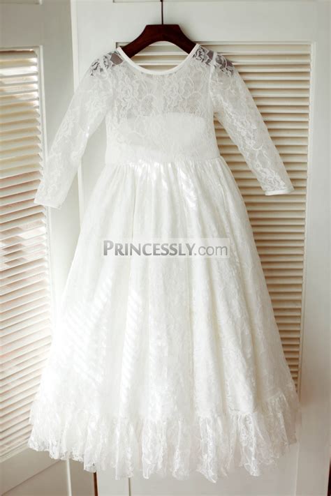 Ivory Lace Long Sleeves Flower Girl Dress With Flounce Hem Avivaly