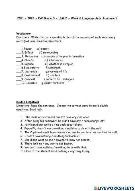 Pyp Grade 3 Unit 2 Week 6 La Assessment Worksheet Live Worksheets