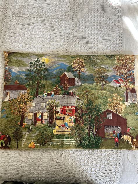 Vintage Grandma Moses Halloween Fabric Fat Quarter Yardage Home Decor Decorating Farmhouse ...