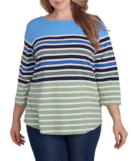 Ruby Rd Plus Size Knit Chalet Stripe Print Boat Neck 3 4 Sleeve Top