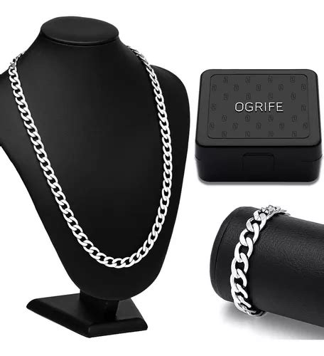 Conjunto Corrente Pulseira 9mm Masculino Cj 117 Aço Prata