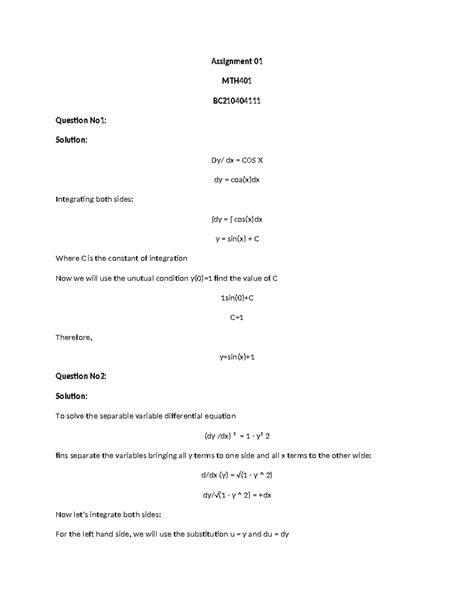 Mth401 Solution Assignment 01 MTH BC Question No1 Solution Dy Dx