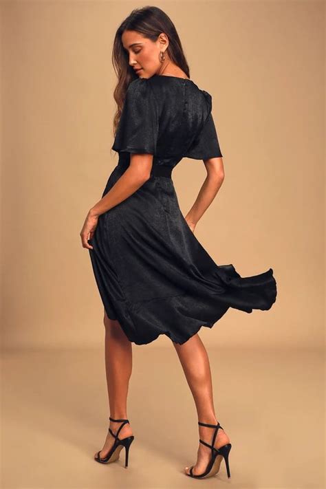 Wrapped Up In Love Black Satin Faux Wrap Midi Dress