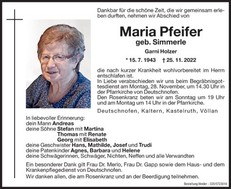 Traueranzeigen Von Maria Pfeifer Trauer Bz