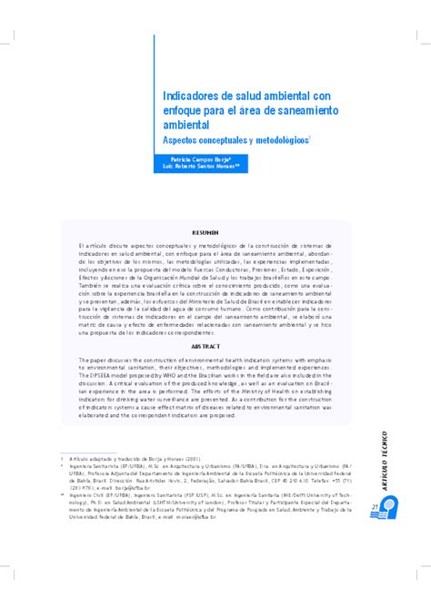 Pdf Indicadores De Salud Ambiental Con Enfoque Para El área De Saneamiento Ambiental Aspectos