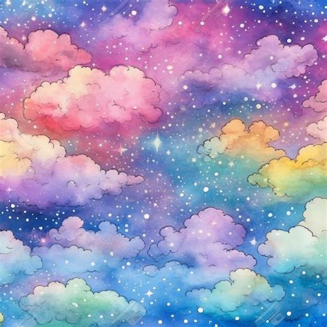 Uma pintura em aquarela de um céu estrelado um arco íris e estrelas