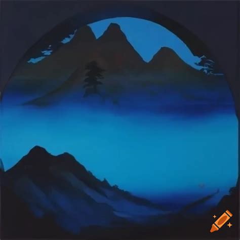 Blue And Black Japanese Brushwork Album Cover With Mountains