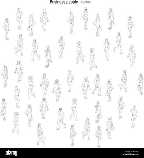 People Crowd Sketch Outline Black And White Style Illustration Of