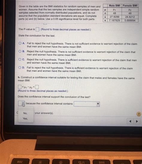 Solved F Given In The Table Are The BMI Statistics For Chegg