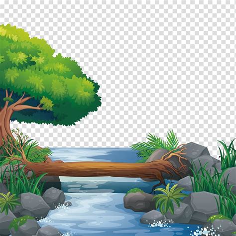 Tree trunk over river illustration, Nature Illustration, river water ...